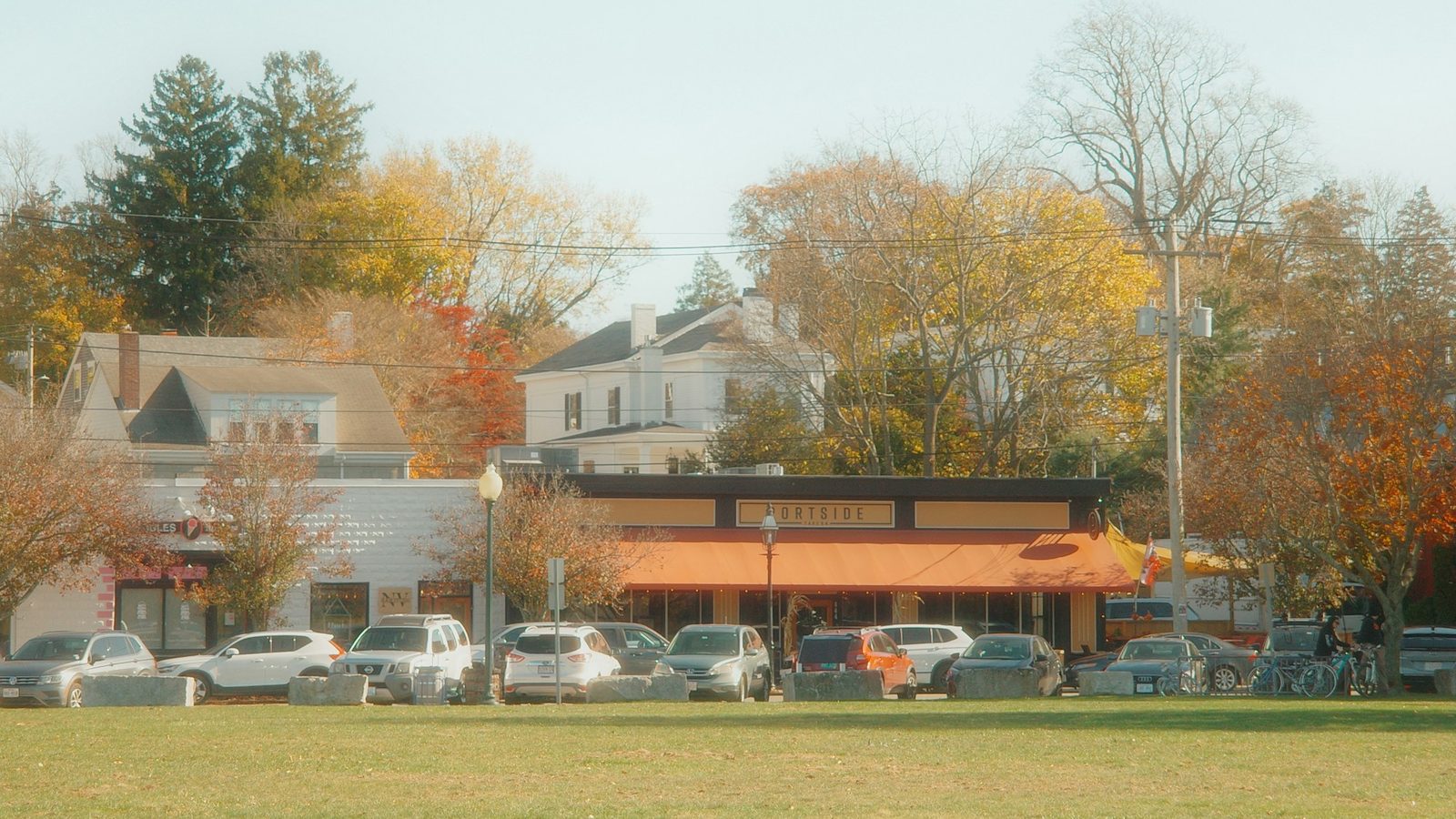 Shops and houses in Bristol, Rhode Island in the fall